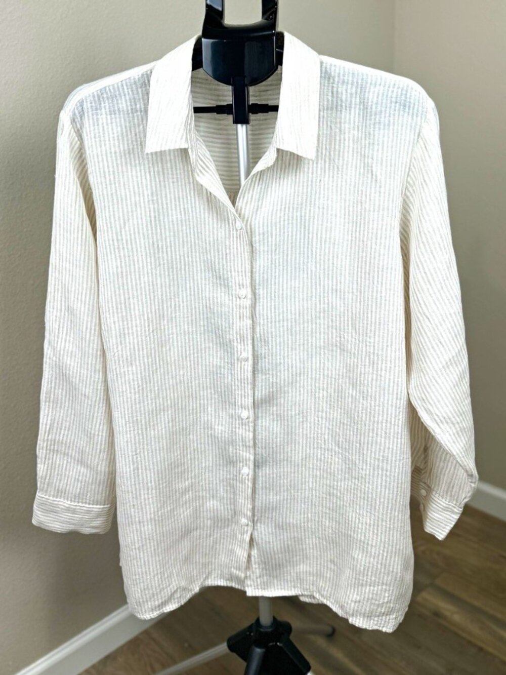 Eileen Fisher Women’s XL Ivory 100% Organic Linen Striped Button-Up Shirt